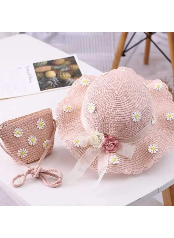 2pcs Girls Wide Brim Straw Hat adorned with flowers, Complete with Coordinated Beach Bag and Kids Sun Visor Hat