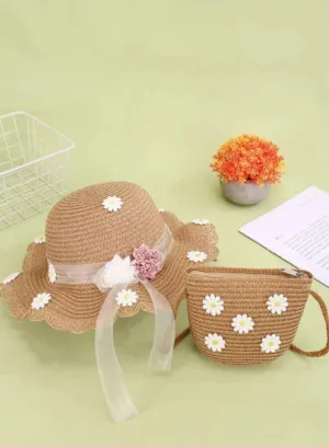 2pcs Girls Wide Brim Straw Hat adorned with flowers, Complete with Coordinated Beach Bag and Kids Sun Visor Hat