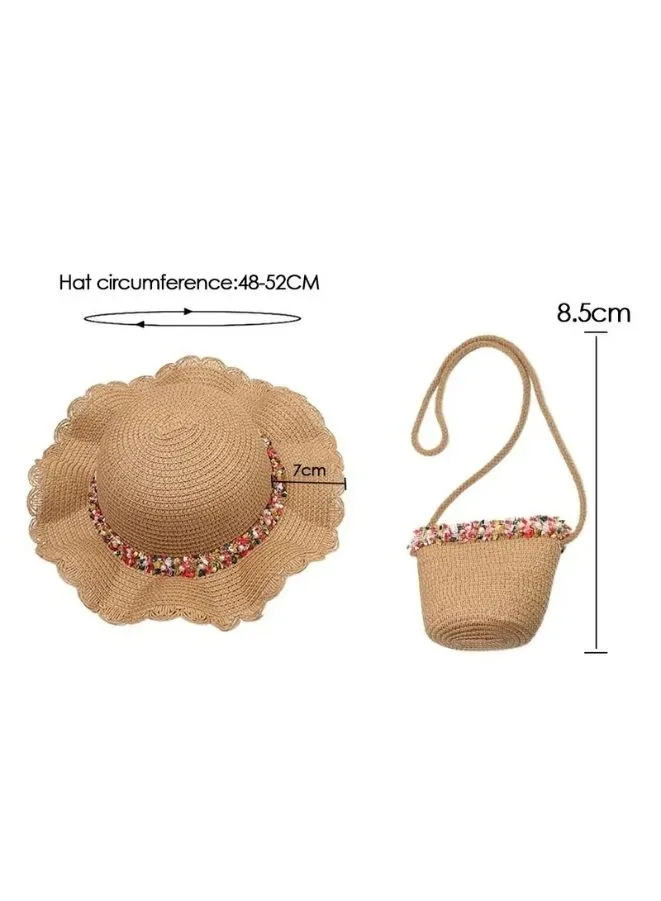 2pcs Girls Wide Brim Straw Hat adorned with flowers, Complete with Coordinated Beach Bag and Kids Sun Visor Hat