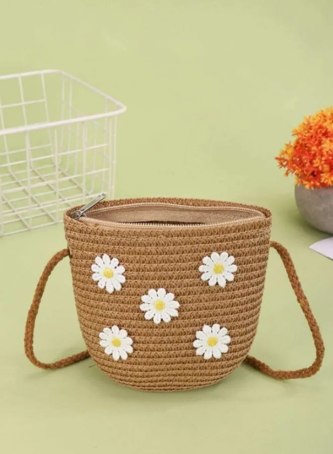 2pcs Girls Wide Brim Straw Hat adorned with flowers, Complete with Coordinated Beach Bag and Kids Sun Visor Hat