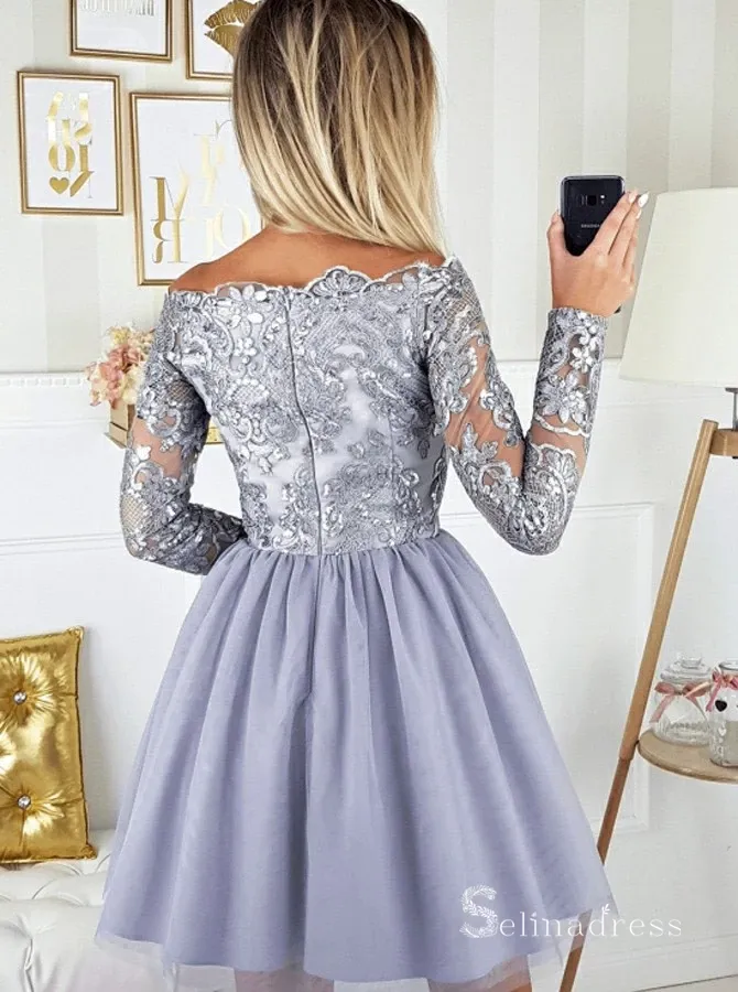 A-line Off-the-shoulder Short Prom Dress Long Sleeve Beautiful Homecoming Dresses MHL044