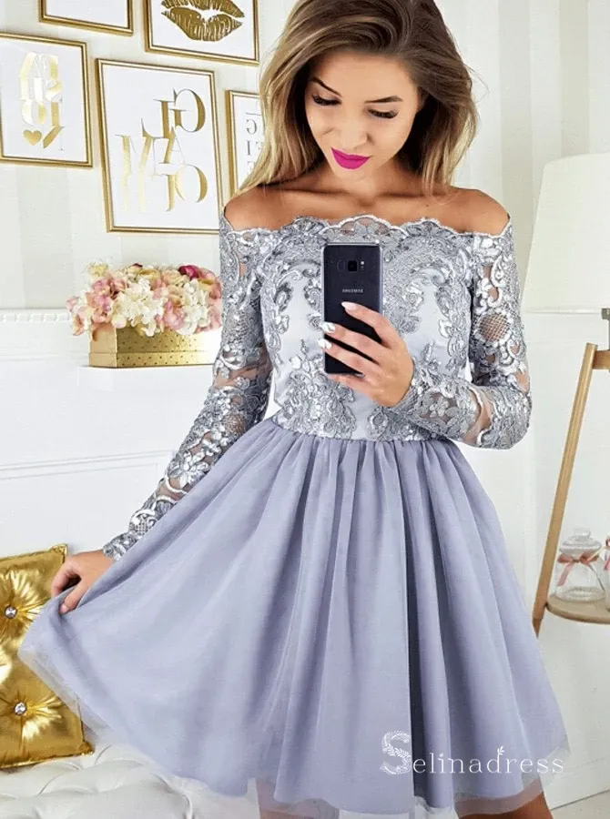 A-line Off-the-shoulder Short Prom Dress Long Sleeve Beautiful Homecoming Dresses MHL044