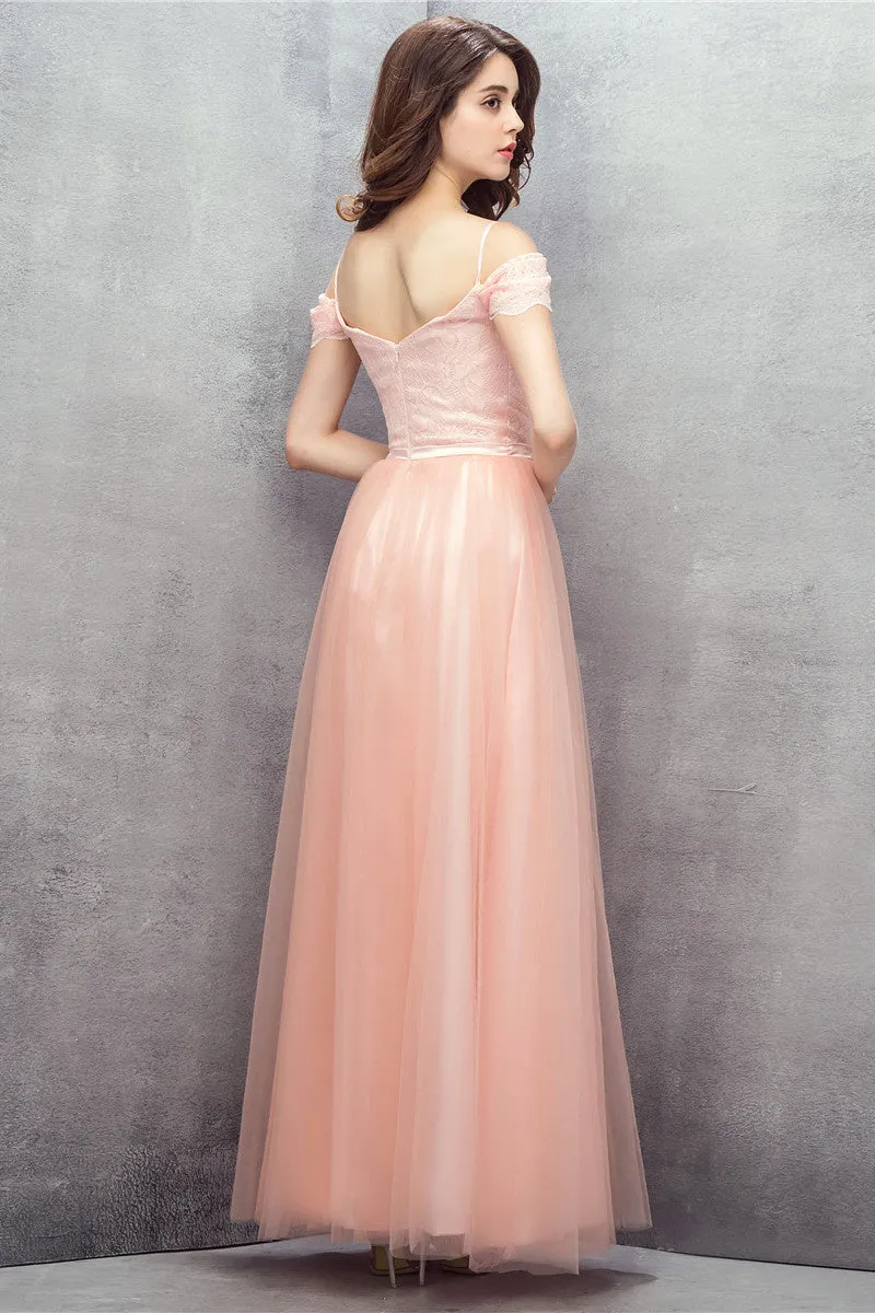 A-line Pink Off Shoulder Lace Prom Dresses