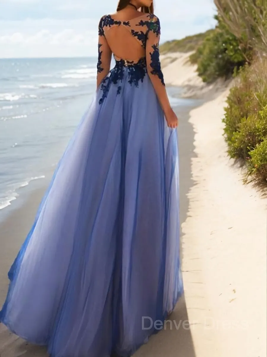 A-Line Scoop Floor-Length Tulle Evening Dresses With Appliques Lace