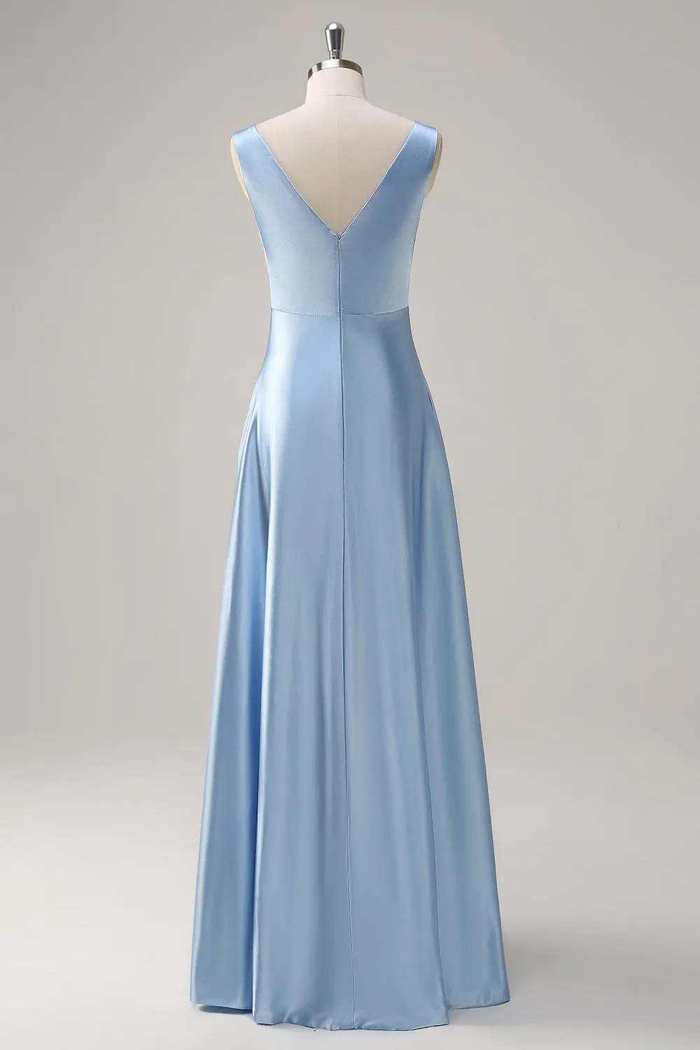 A Line Sky Blue V Neck Satin Bridesmaid Dress