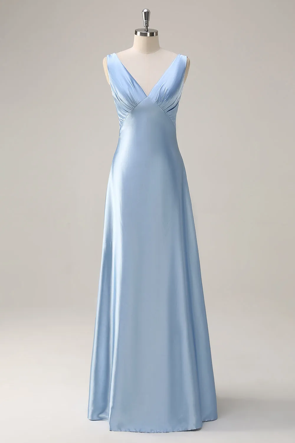 A Line Sky Blue V Neck Satin Bridesmaid Dress