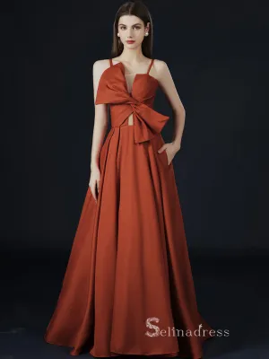 A-line Spaghetti Straps Long Prom Dress With Bow Satin Evening Dresses GKF019