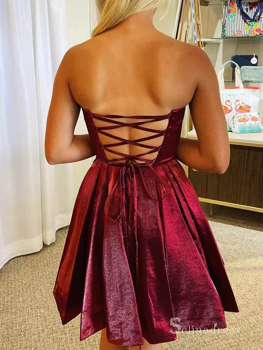 A-line Strapless Burgundy Short Prom Dress Homecoming Dresses #MHL2886