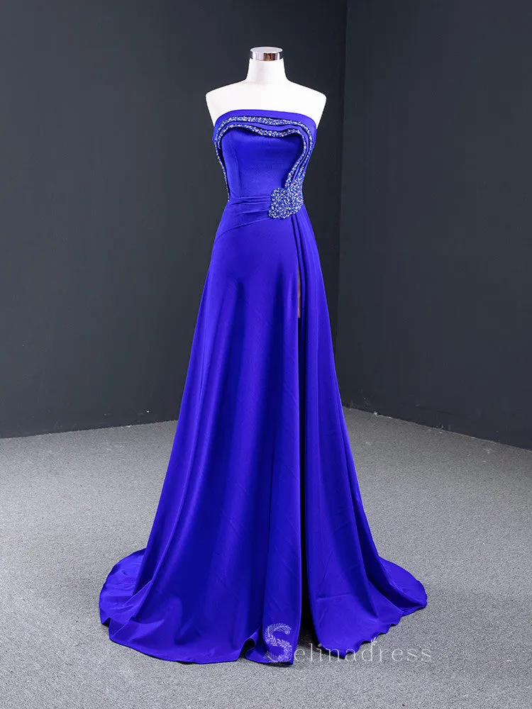 A-line Strapless Royal Blue Luxury Prom Dress Beaded Evening Gowns DWH67087