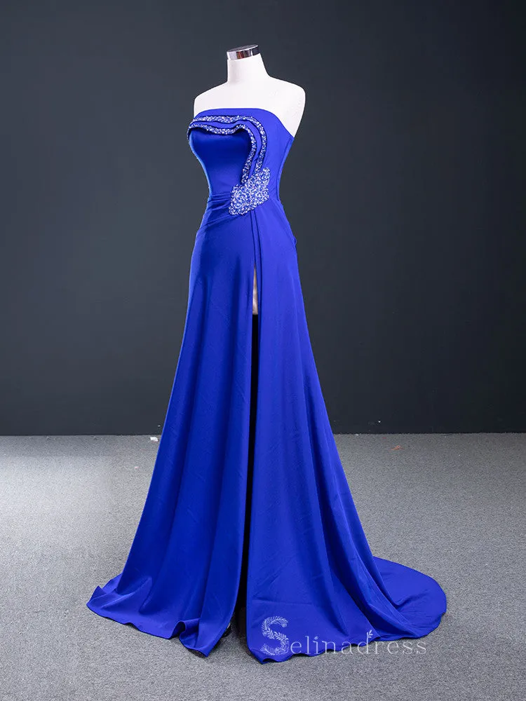 A-line Strapless Royal Blue Luxury Prom Dress Beaded Evening Gowns DWH67087