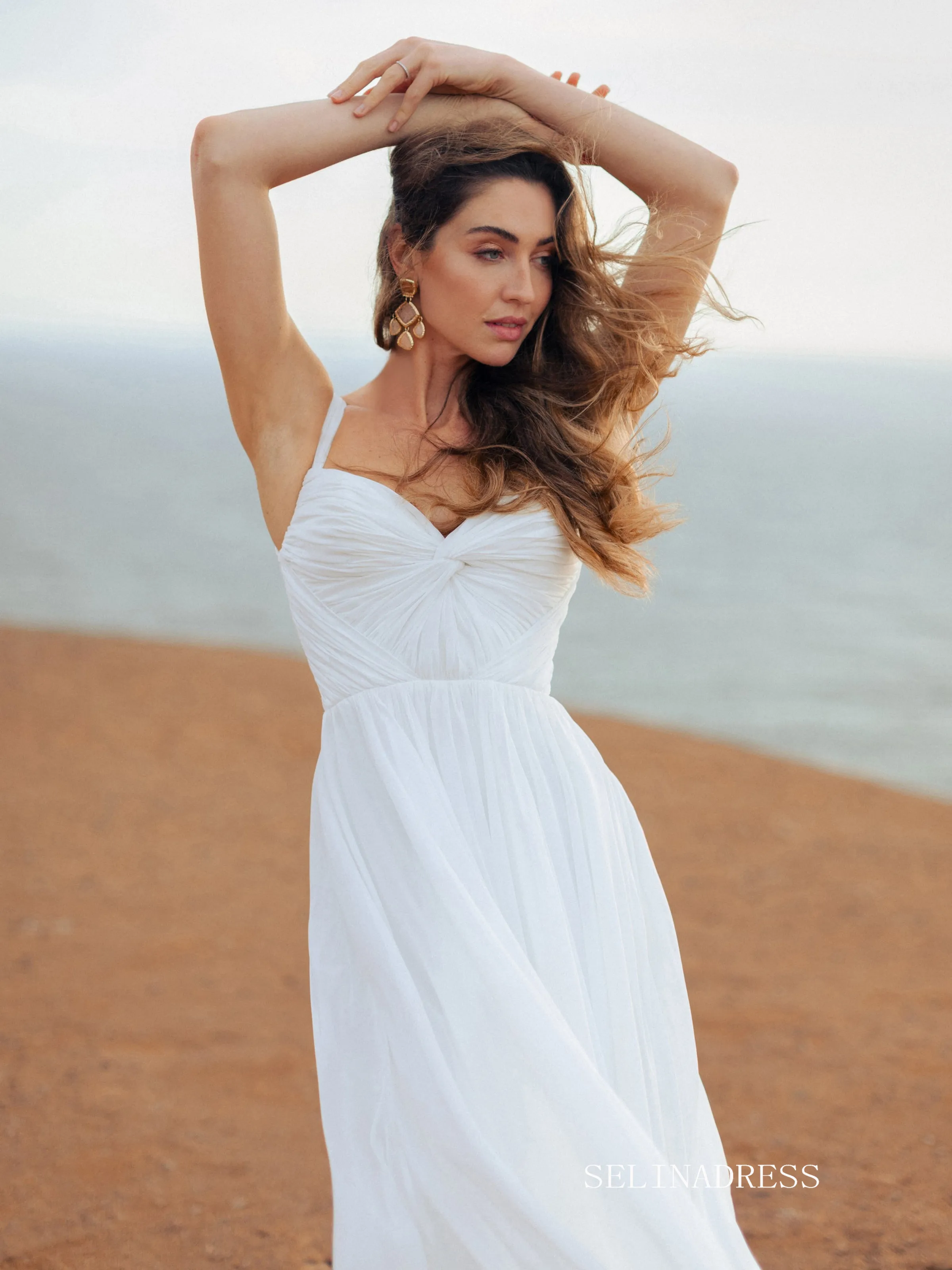 A-line Straps Chiffon Beach Wedding Dresses Elegant Bridal Gown EWR801