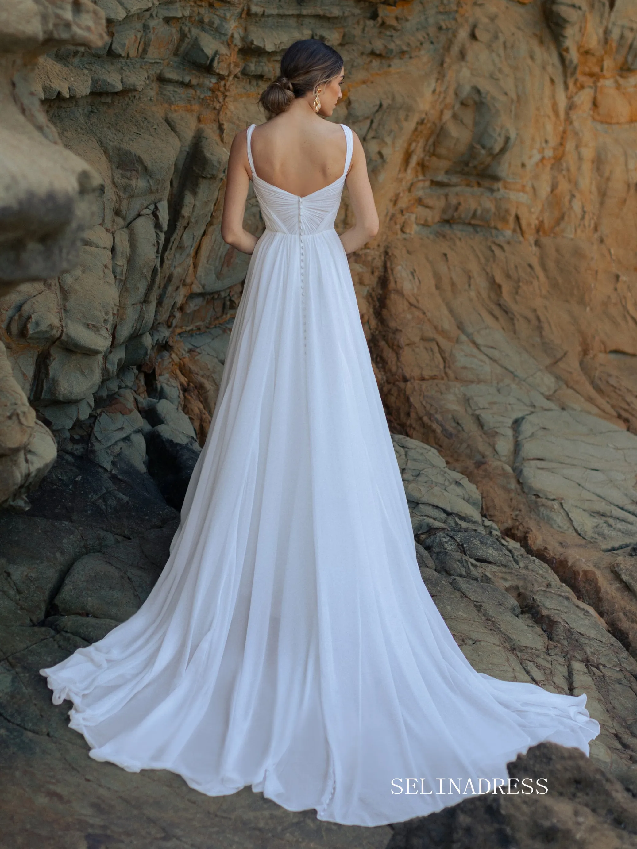 A-line Straps Chiffon Beach Wedding Dresses Elegant Bridal Gown EWR801