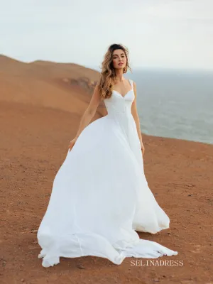 A-line Straps Chiffon Beach Wedding Dresses Elegant Bridal Gown EWR801