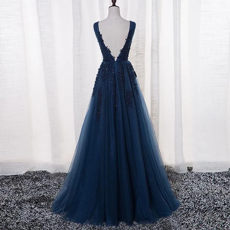 A-Line V-neck Lace Prom Dress Dark Navy Long Formal Gowns Dress Evening Dresses SE005