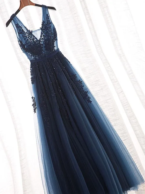 A-Line V-neck Lace Prom Dress Dark Navy Long Formal Gowns Dress Evening Dresses SE005