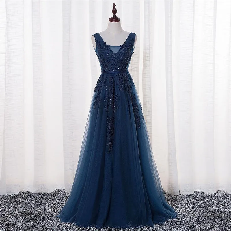 A-Line V-neck Lace Prom Dress Dark Navy Long Formal Gowns Dress Evening Dresses SE005