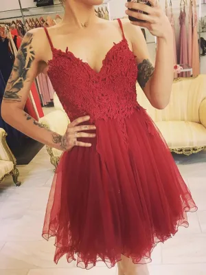 A Line V Neck Short Dark Red Lace Prom Dresses, Short Dark Red Lace Formal Homecoming Dresses