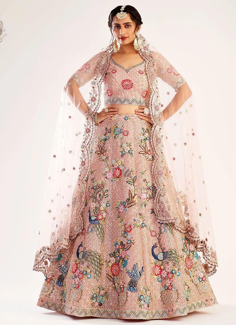 Baby Pink Multi Embroidered Soft Net Wedding Lehenga Choli