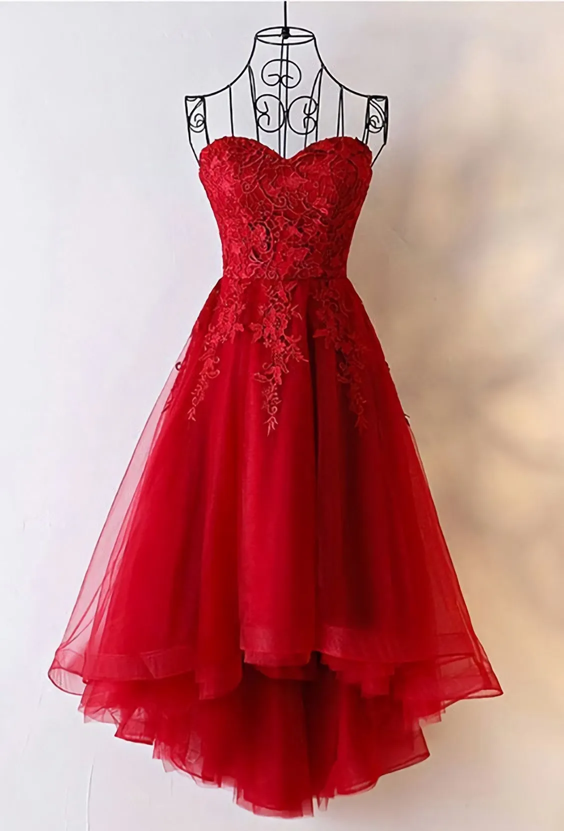 Beautiful Tulle High Low Simple Red Lace-up Back Homecoming Dresses