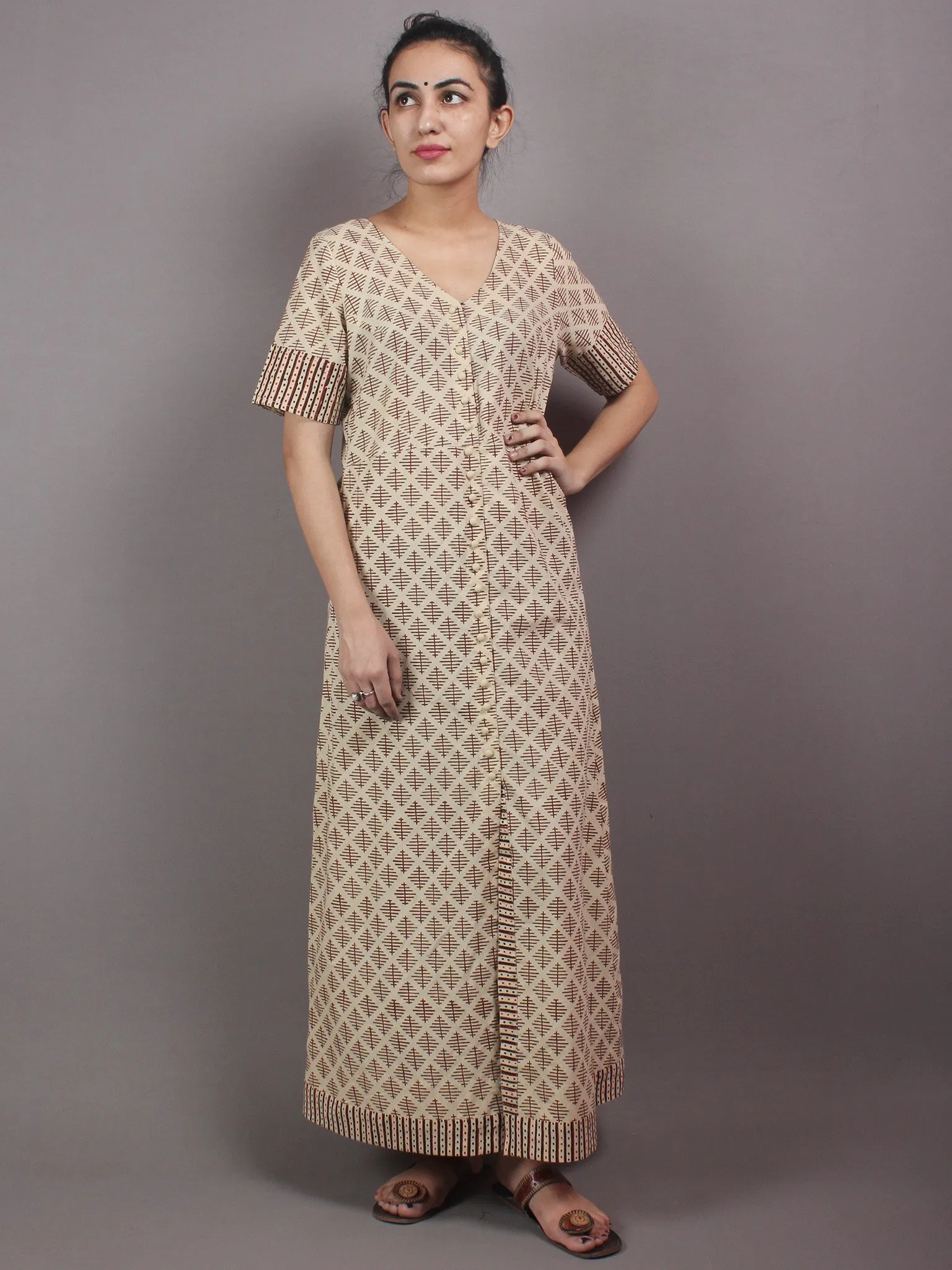 Beige Brown Black Hand Block Printed Long Cotton Dress With Front Slit - D0435001