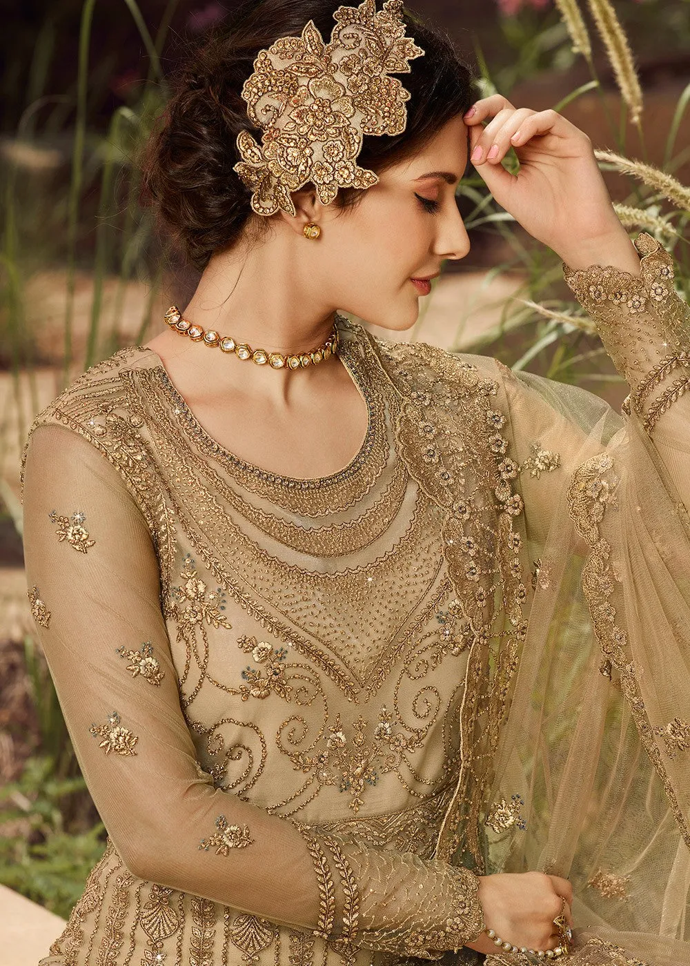 Beige Golden Embroidered Anarkali Suit