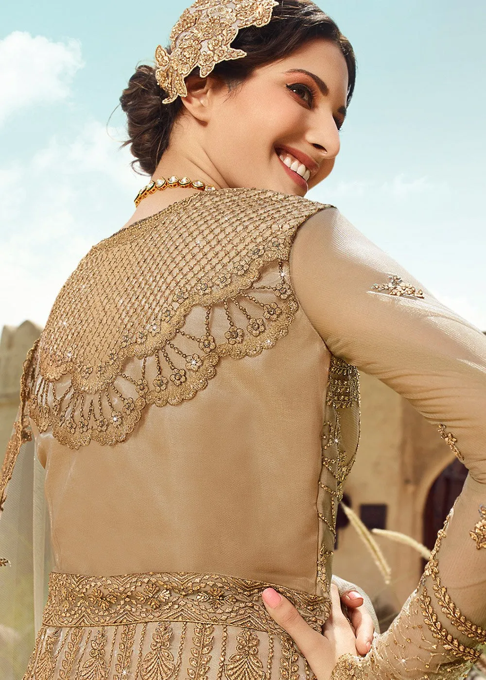 Beige Golden Embroidered Anarkali Suit