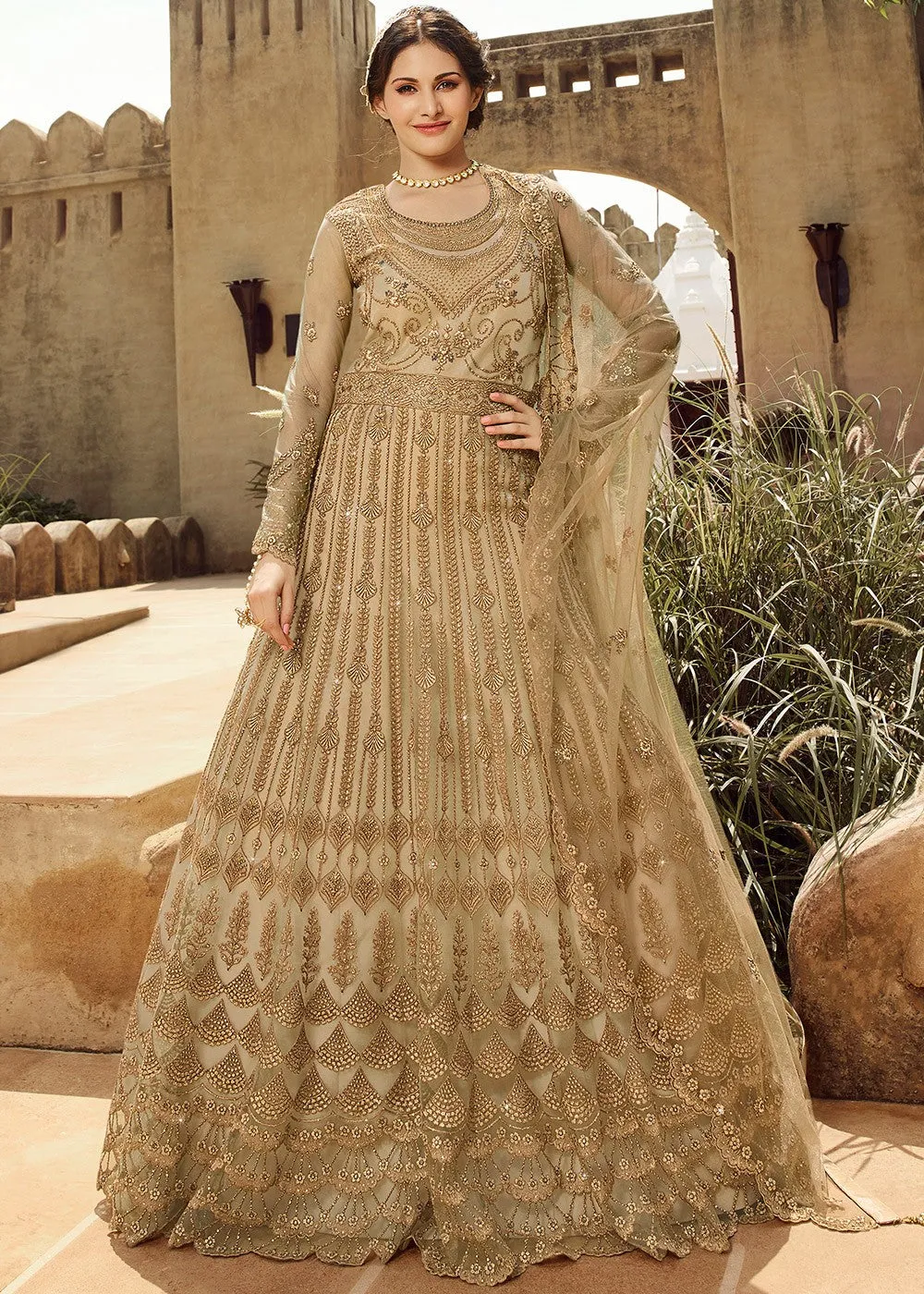 Beige Golden Embroidered Anarkali Suit