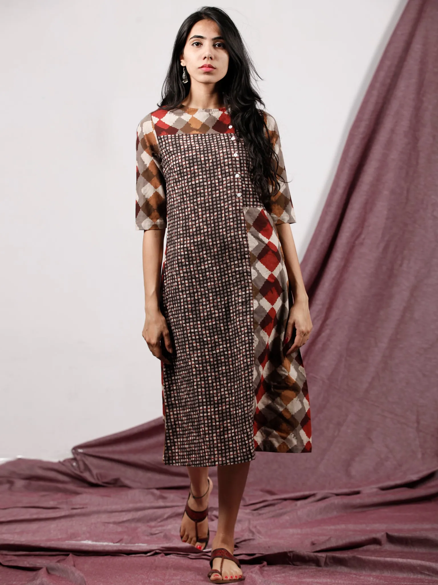 Beige Light Brown Maroon Hand Block Printed Midi Length Dress With Side Pockets - D222F1323