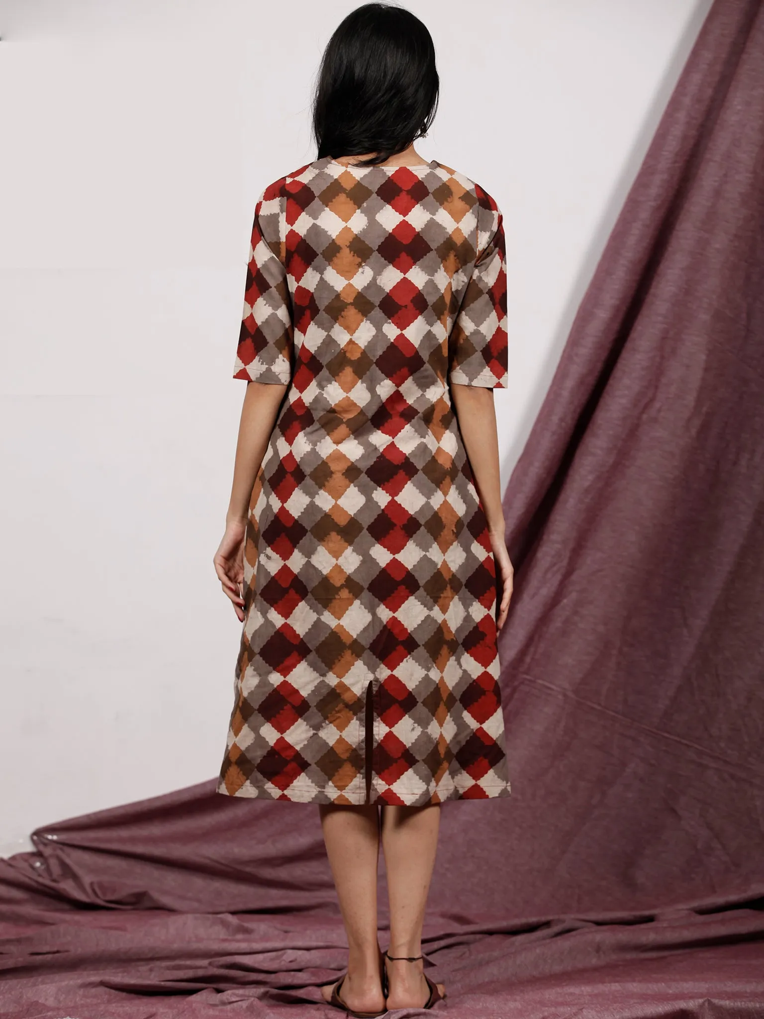 Beige Light Brown Maroon Hand Block Printed Midi Length Dress With Side Pockets - D222F1323