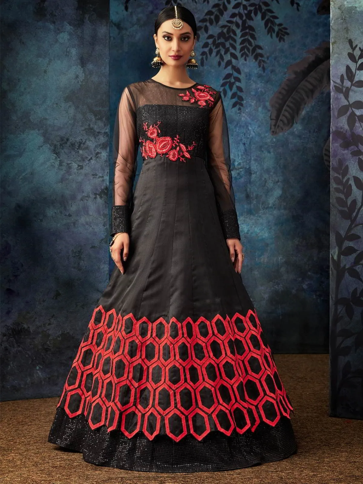 Black And Red Embroidered Silk Anarkali Suit