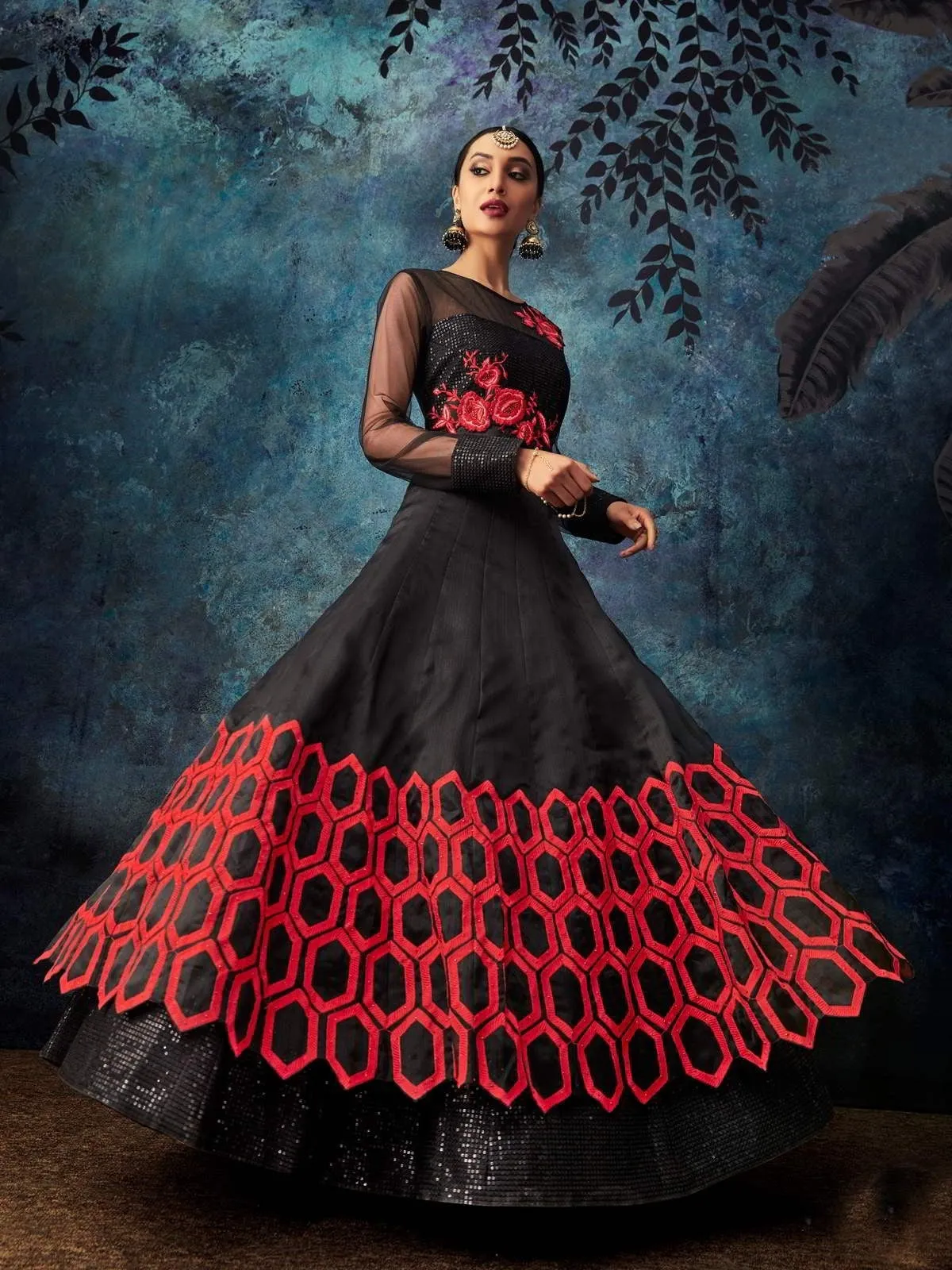 Black And Red Embroidered Silk Anarkali Suit