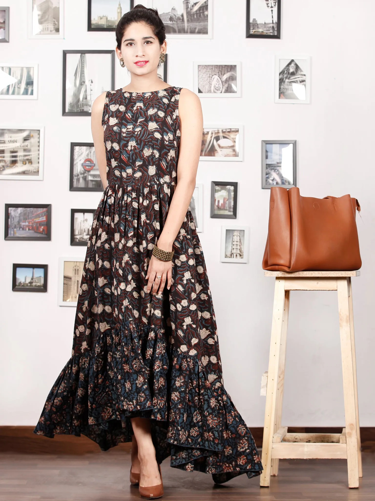 Black Indigo Brown Ivory Hand Block Printed Cotton Sleeveless Asymmetric Dress - D274F1392