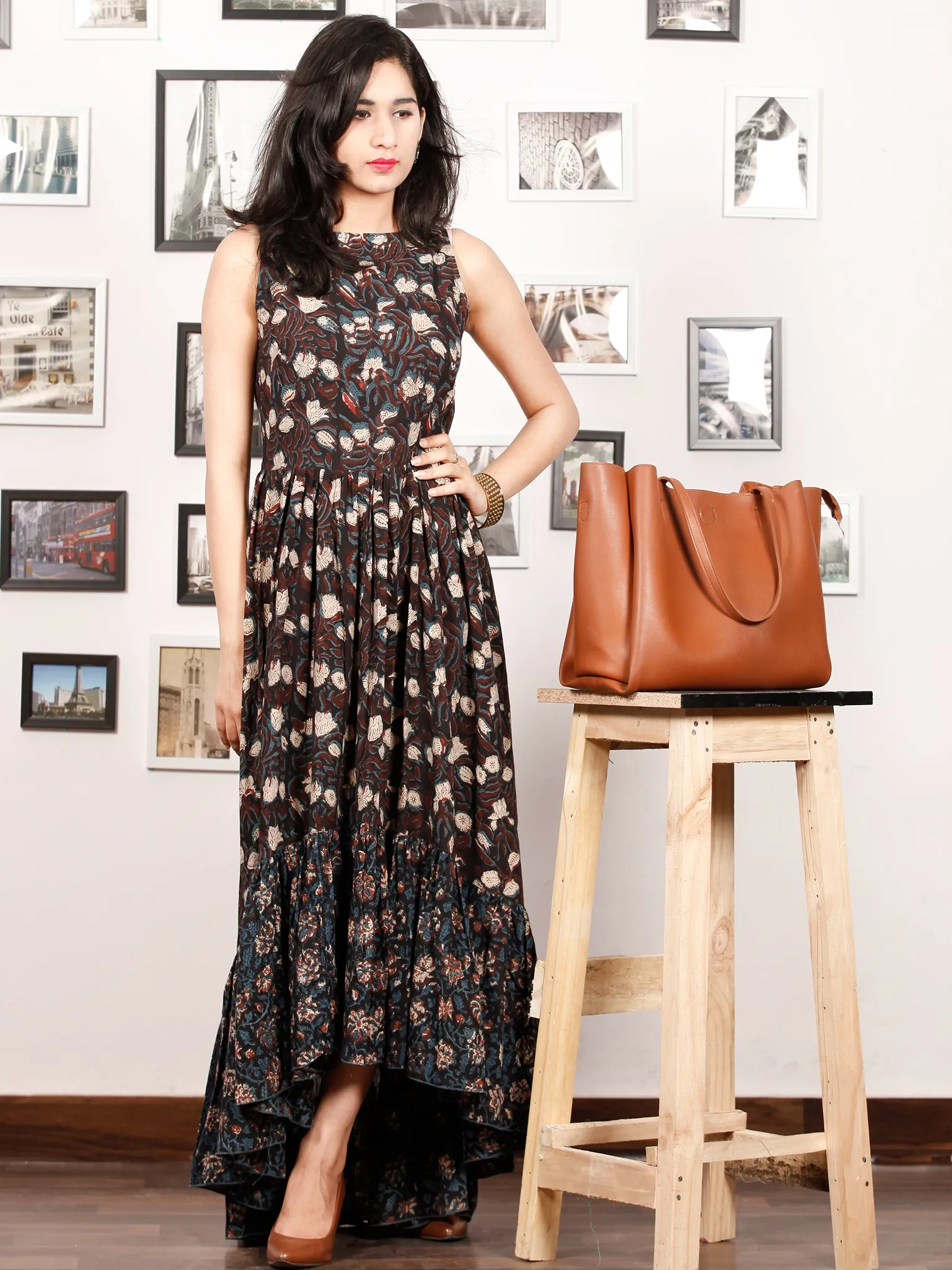 Black Indigo Brown Ivory Hand Block Printed Cotton Sleeveless Asymmetric Dress - D274F1392