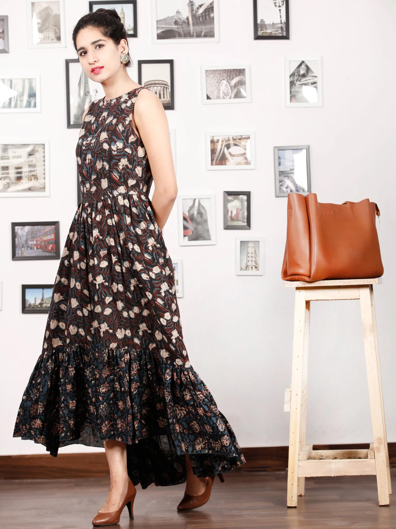 Black Indigo Brown Ivory Hand Block Printed Cotton Sleeveless Asymmetric Dress - D274F1392