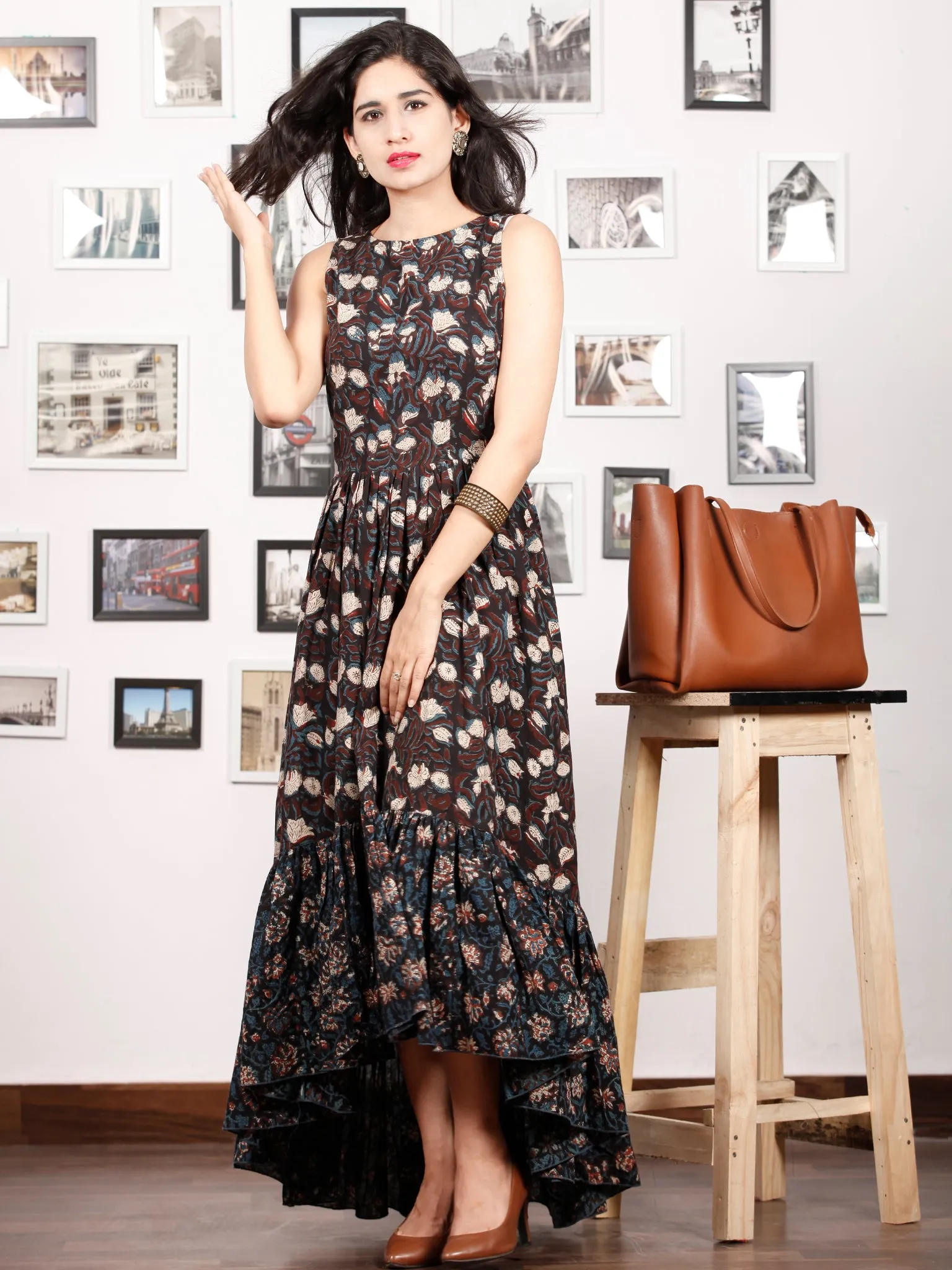 Black Indigo Brown Ivory Hand Block Printed Cotton Sleeveless Asymmetric Dress - D274F1392