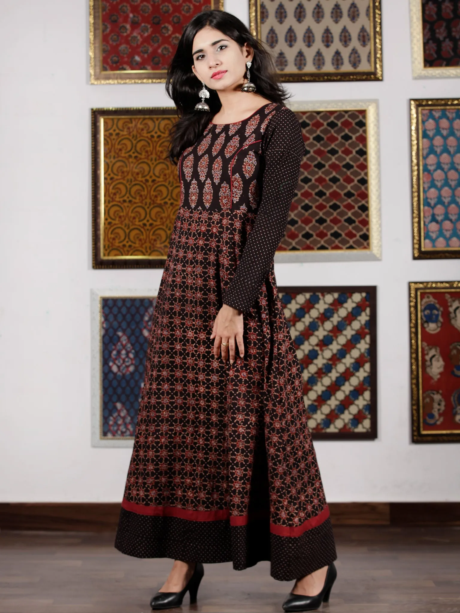 Black Maroon Beige Blue Ajrakh Hand Block Printed Cotton Long Dress - D305F1619