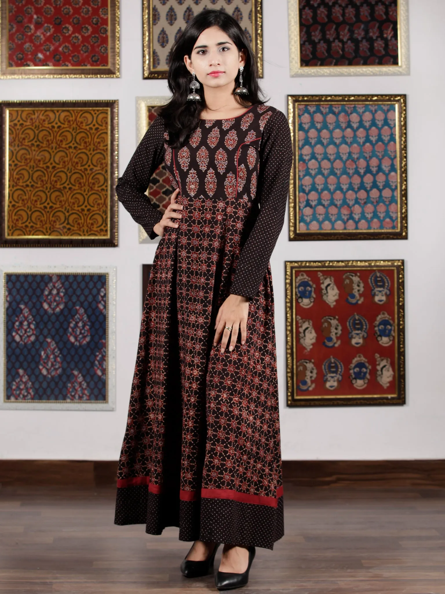 Black Maroon Beige Blue Ajrakh Hand Block Printed Cotton Long Dress - D305F1619