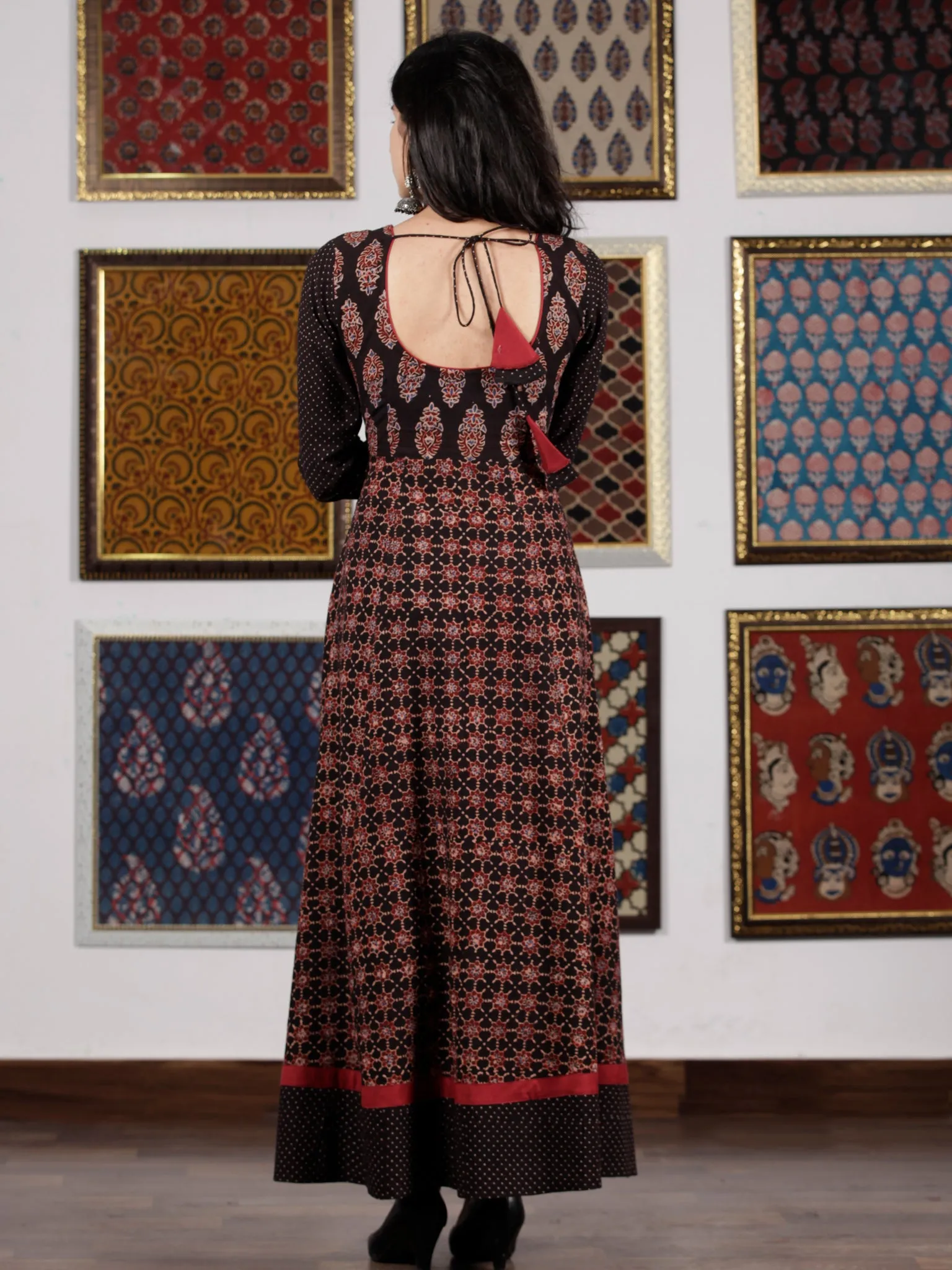 Black Maroon Beige Blue Ajrakh Hand Block Printed Cotton Long Dress - D305F1619