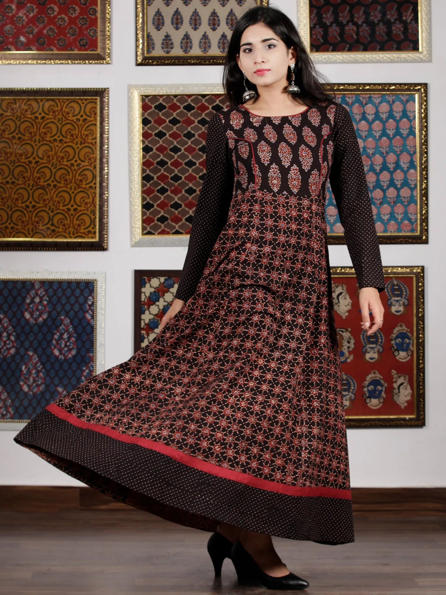 Black Maroon Beige Blue Ajrakh Hand Block Printed Cotton Long Dress - D305F1619