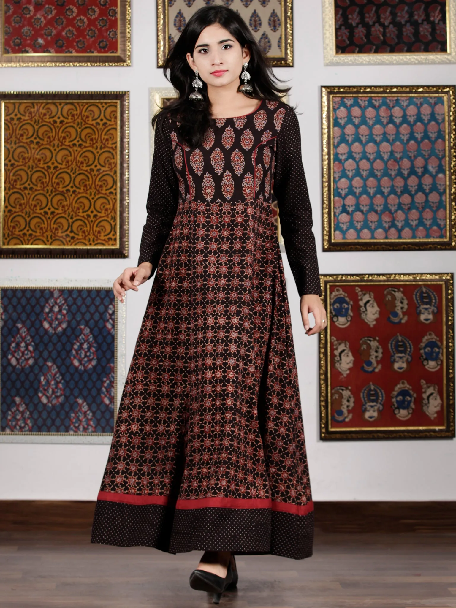 Black Maroon Beige Blue Ajrakh Hand Block Printed Cotton Long Dress - D305F1619