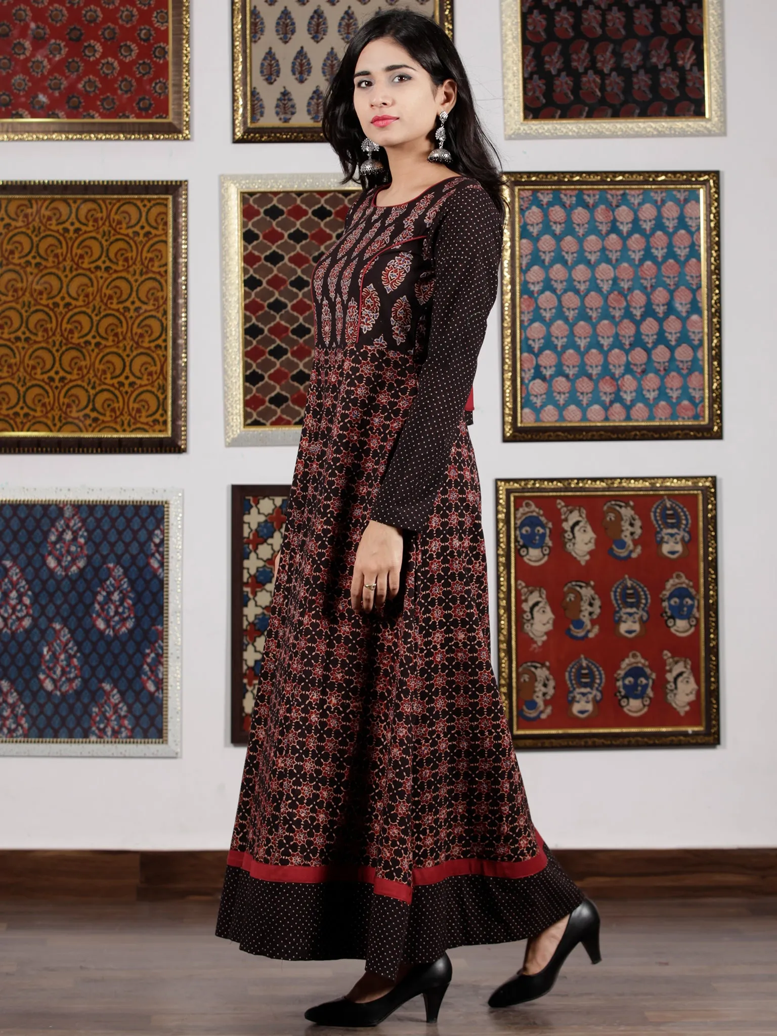 Black Maroon Beige Blue Ajrakh Hand Block Printed Cotton Long Dress - D305F1619