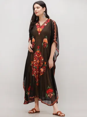 Black Multicolor Aari Embroidered Kashmere Free Size Georgette Kaftan  - K12K013