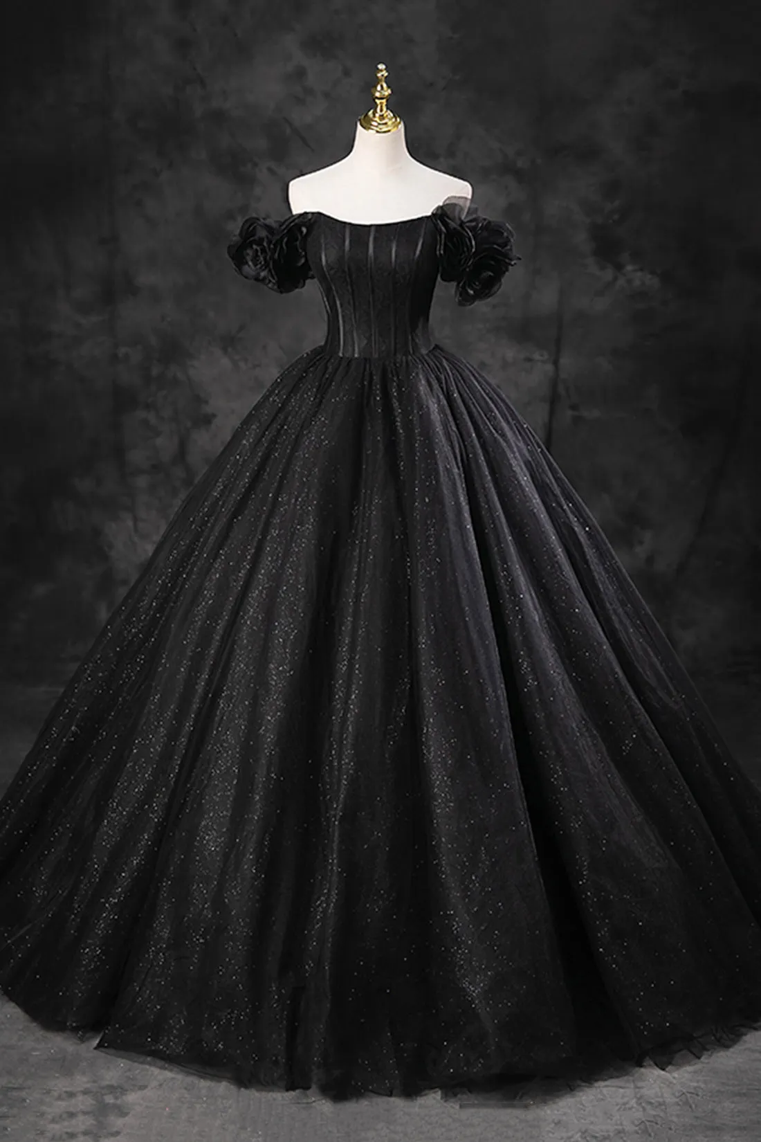 Black Tulle Floor Length A-Line Prom Dress, Off the Shoulder Evening Party Dress