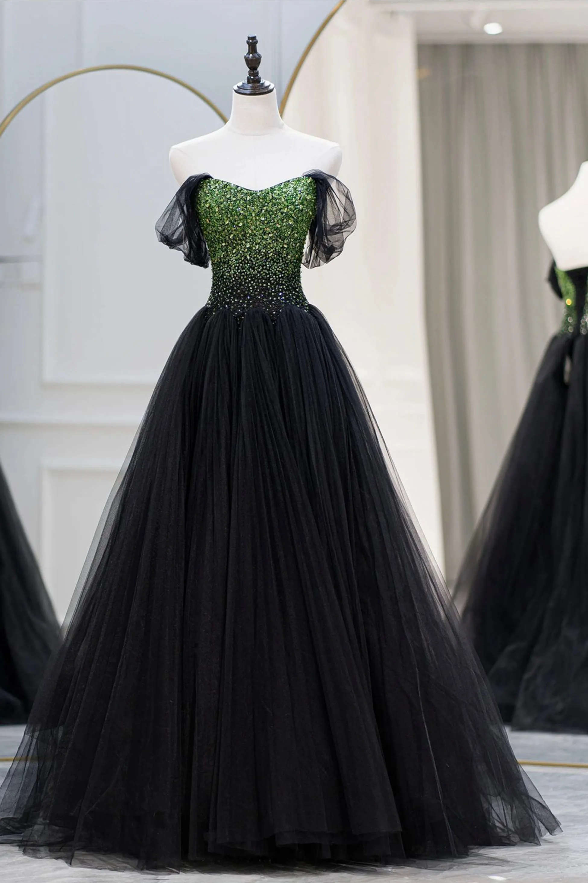 Black Tulle Long A-Line Prom Dress Black Evening Dress with Green Beaded