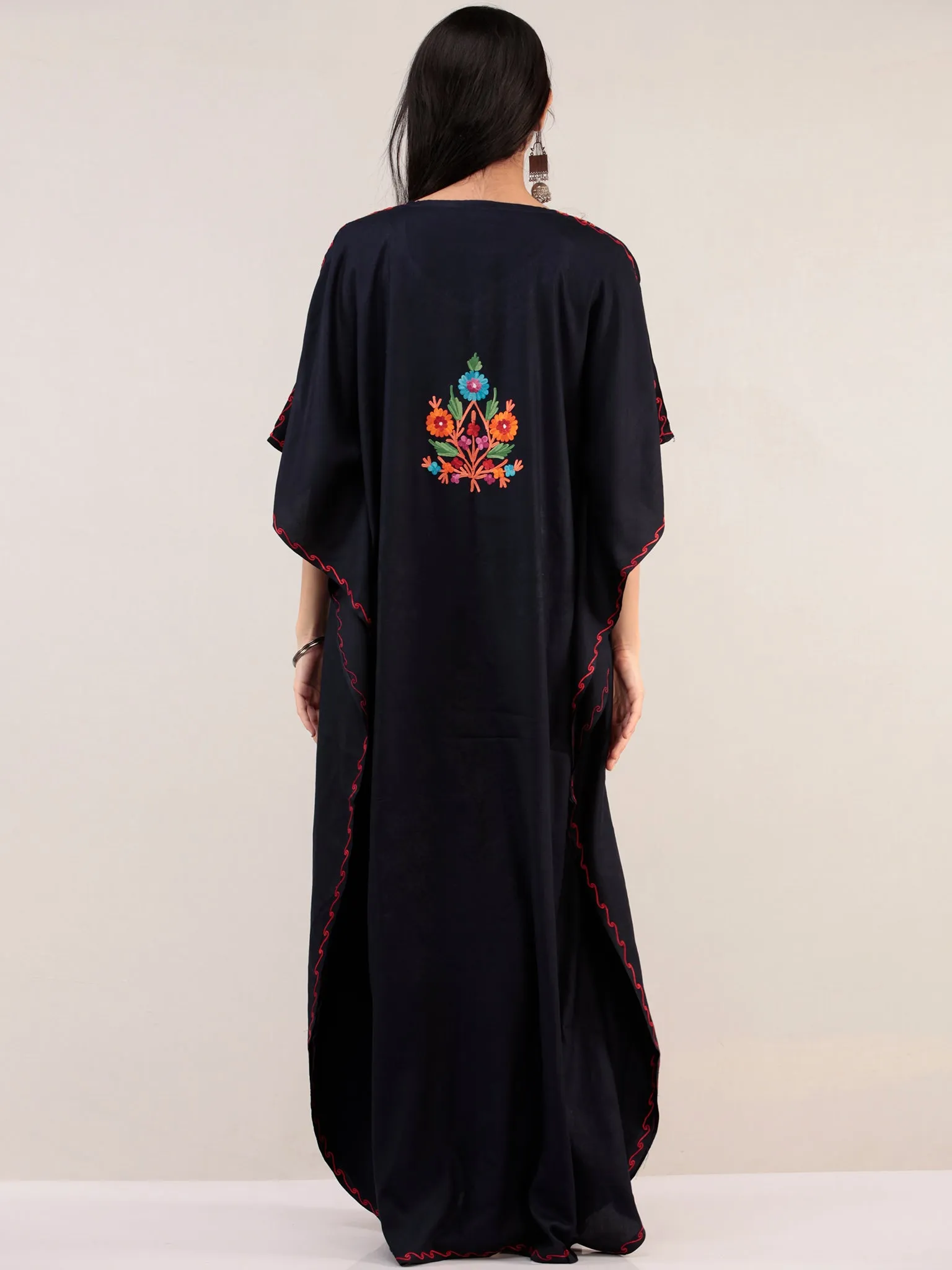 Blue Aari Embroidered Kashmere Free Size Kaftan  - K12K050