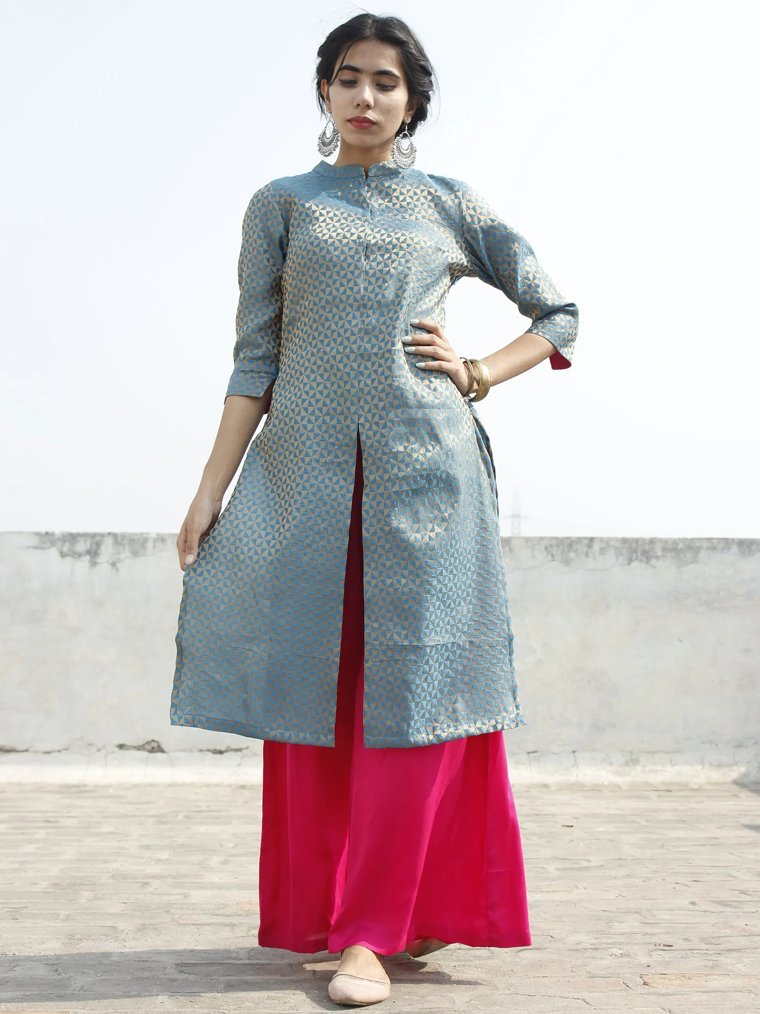 Blue Golden Brocade Kurta With Front Slit And Stand Collar- D124F001