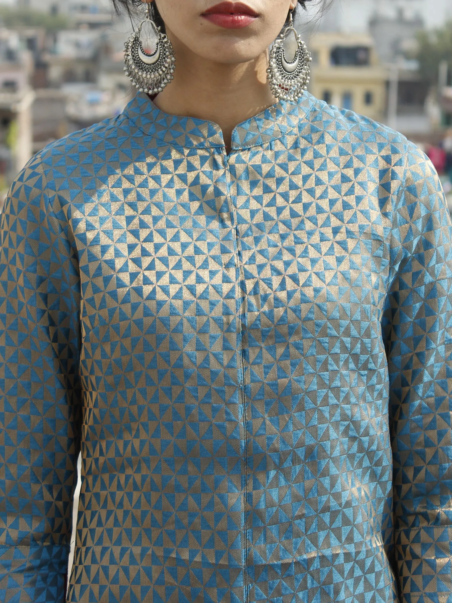 Blue Golden Brocade Kurta With Front Slit And Stand Collar- D124F001