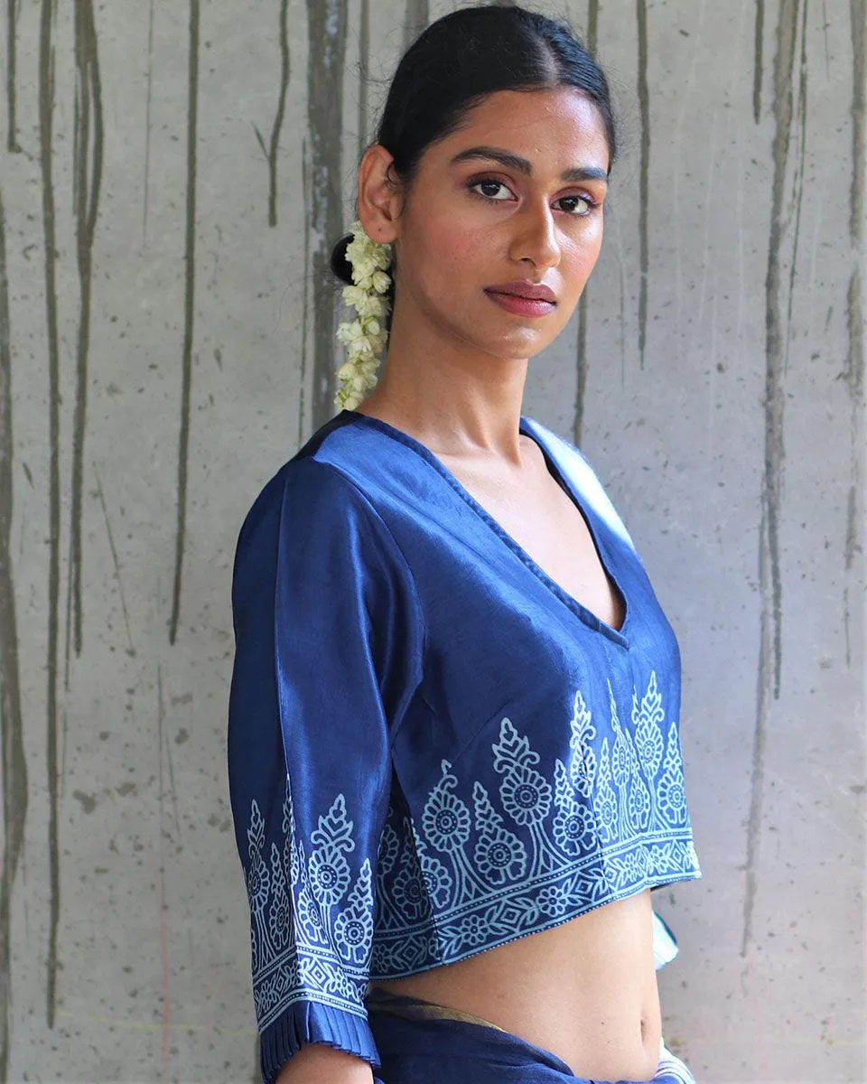 Blue Mashru Silk Blockprinted Blouse-Manjari