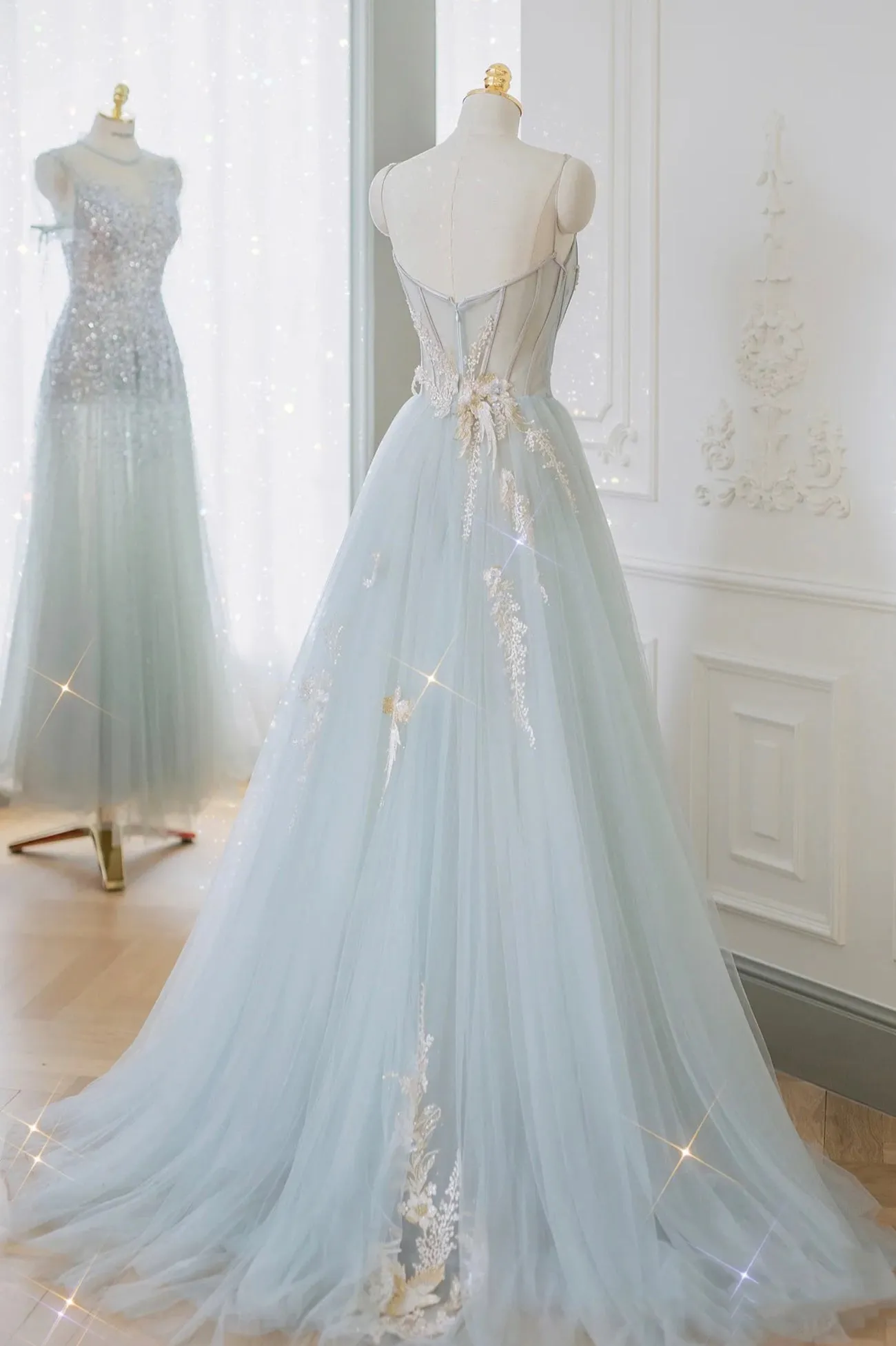 Blue Tulle Lace Long Prom Dress A-Line Strapless Evening Dress