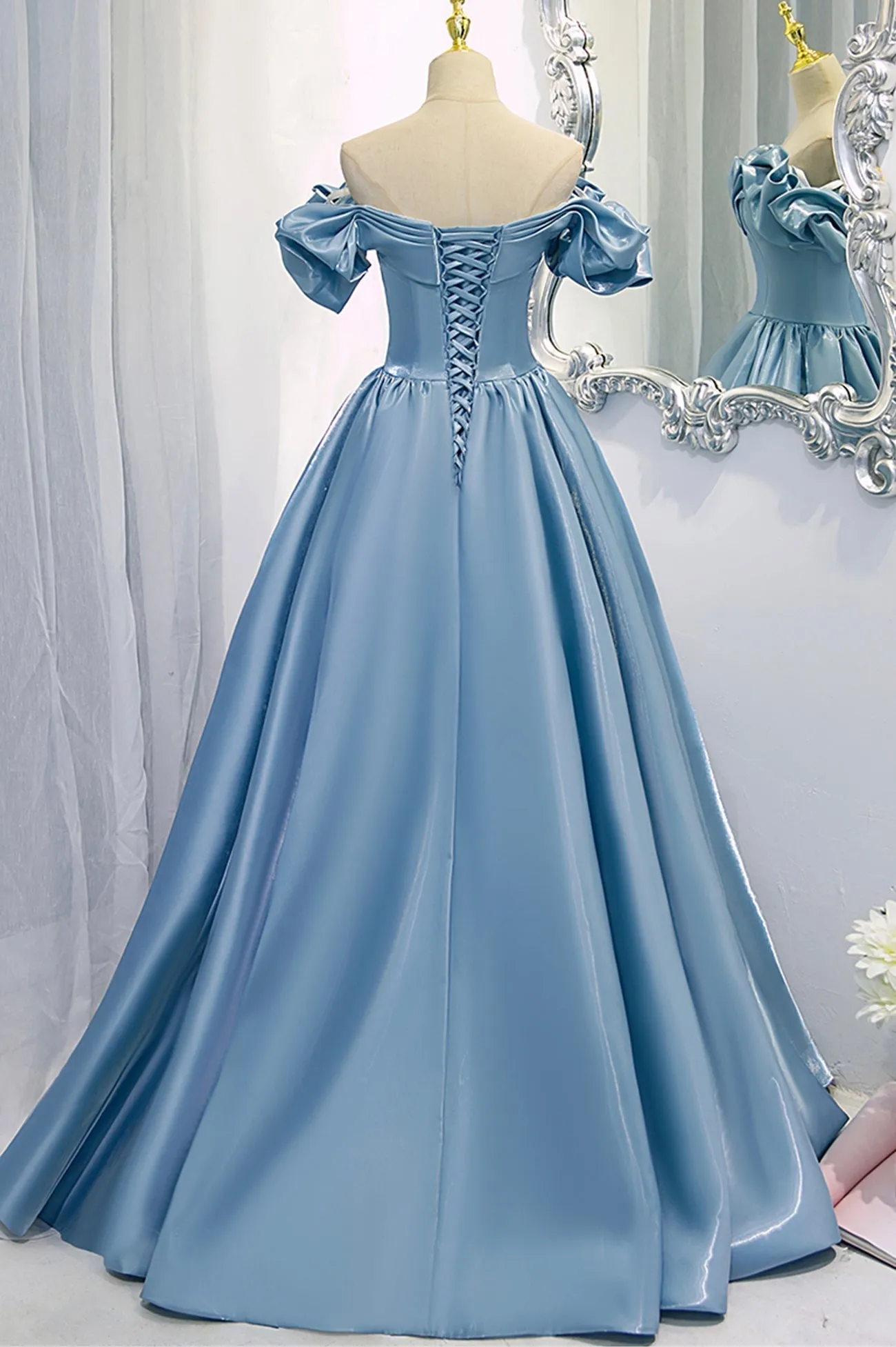 Blue V-Neck Satin Long Prom Dress Off the Shoulder Evening Dress